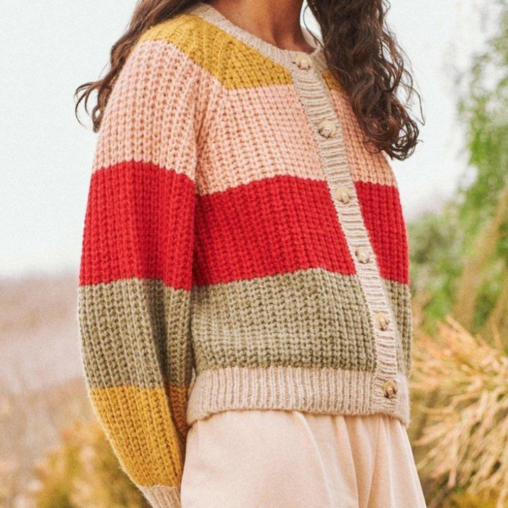 THE GREAT. Chunky Striped Cardigan in Mustard, Pink, Red, Olive, Cream